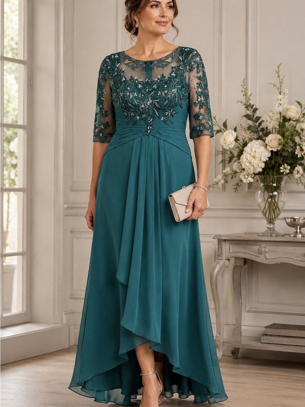 Lavetir Teal Embroidered Lace Chiffon Mother of the Bride Gown Size 10